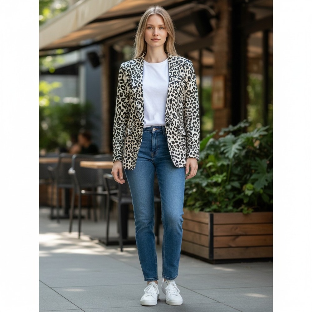 J.Crew Leopard‎ Print Linen-Blend Going-Out Blazer - Size 6 Neutral Animal Print